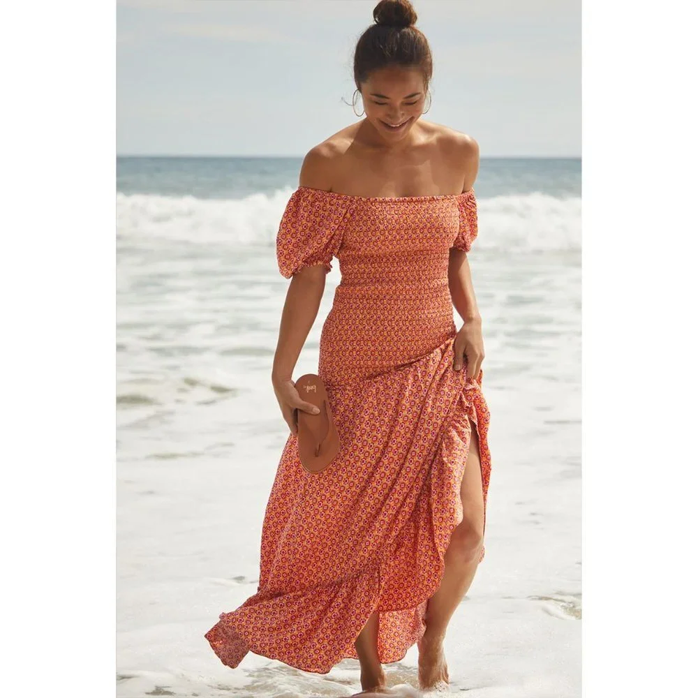 L*SPACE Simone Floral Square‎ Neck Short Sleeve Smocked High Low Maxi Dress - Picture 5 of 16
